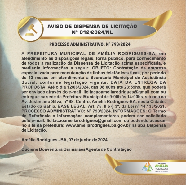AVISO DE DISPENSA DE LICITAÇÃO Nº 012-2024.