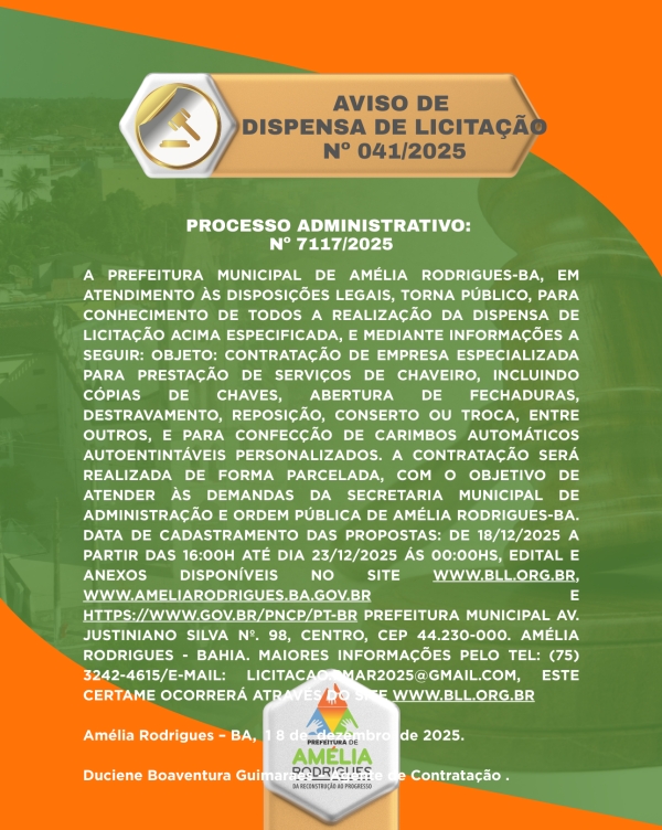 AVISO DE DISPENSA DE LICITAÇÃO Nº 041-2025