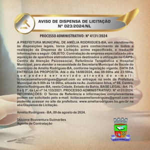 AVISO DA DISPENSA DE LICITAÇÃO Nº 023-2024