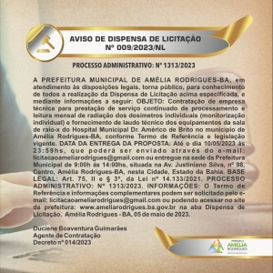 AVISO DE DISPENSA DE LICITAÇÃO Nº 009/2023/NL PROCESSO ADMINISTRATIVO: Nº 1313/2023