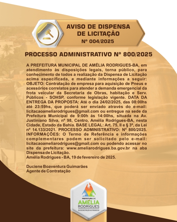 AVISO DE DISPENSA DE LICITAÇÃO Nº 004-2025