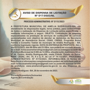 AVISO DE DISPENSA DE LICITAÇÃO Nº 017-2023-NL