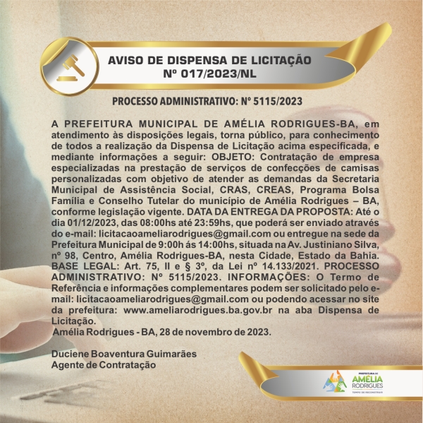 AVISO DE DISPENSA DE LICITAÇÃO Nº 017-2023-NL