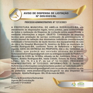 AVISO DE DISPENSA DE LICITAÇÃO Nº 009/2023/NL PROCESSO ADMINISTRATIVO: Nº 1313/2023