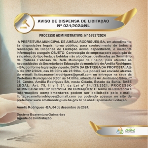 AVISO DE DISPENSA DE LICITAÇÃO Nº 031-2024-NL