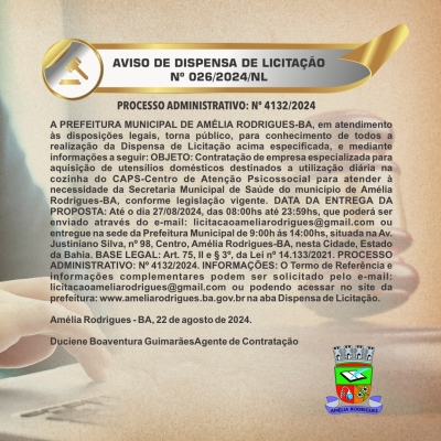 AVISO DE DISPENSA DE LICITAÇÃO Nº 026-2024