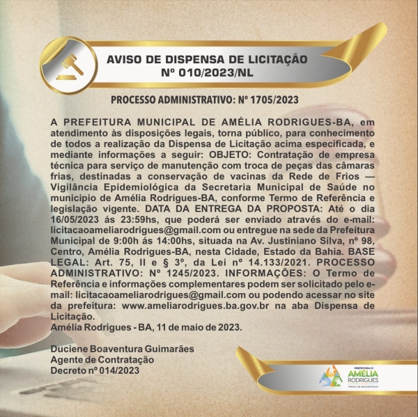 AVISO DE DISPENSA DE LICITAÇÃO Nº 010/2023/NL PROCESSO ADMINISTRATIVO: Nº 1245/2023