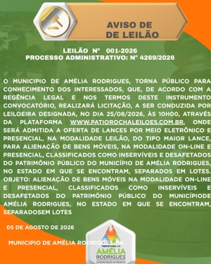 AVISO DE LEILÃO Nº 001-2026-AMÉLIA RODRIGUES-BA
