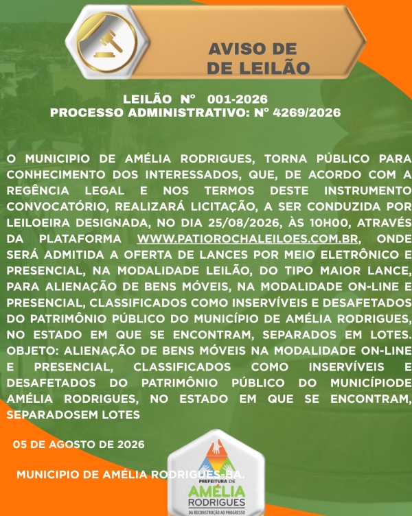 AVISO DE LEILÃO Nº 001-2026-AMÉLIA RODRIGUES-BA