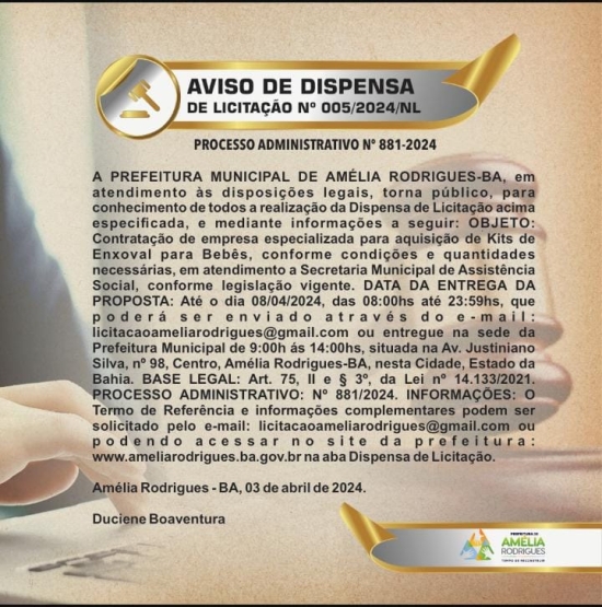 Aviso de Dispensa de Licitação N° 005/2024/NL