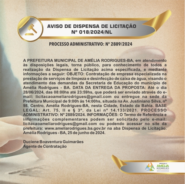 AVISO DE DISPENSA DE LICITAÇÃO Nº 018-2024-NL
