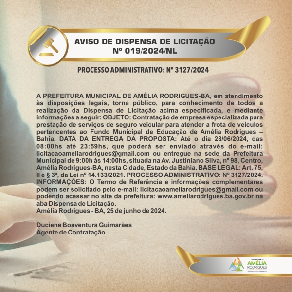 AVISO DE DISPENSA DE LICITAÇÃO Nº 019-2024