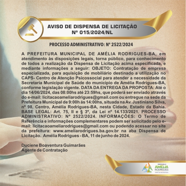 AVISO DE DISPENSA DE LICITAÇÃO Nº 015-2024-NL