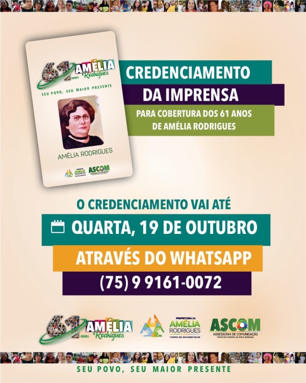 Prefeitura de Amélia Rodrigues realizará o credenciamento da imprensa para cobertura dos 61 anos de emancipação política do município