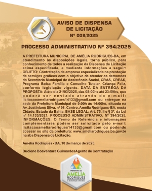 AVISO DE DISPENSA DE LICITAÇÃO Nº 008-2025