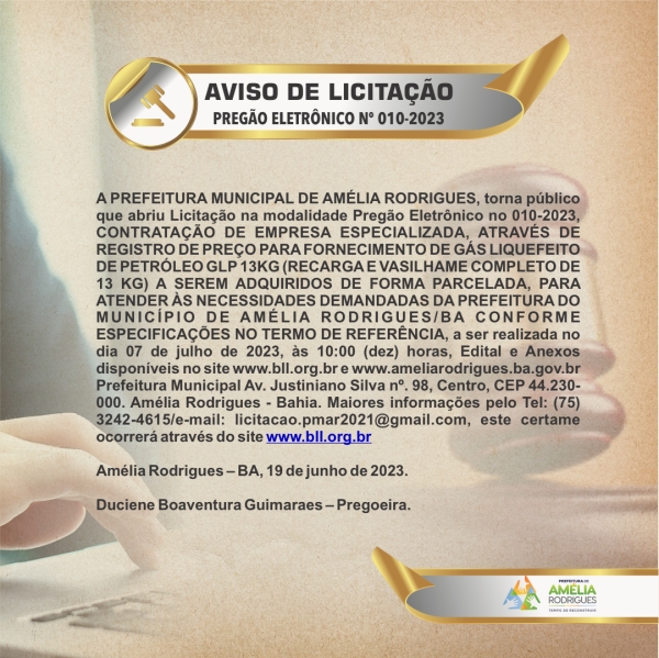 AVISO DE LICITAÇÃO PREGÃO ELETRÔNICO N º 010-2023