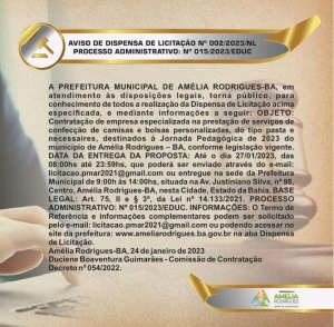 AVISO DE DISPENSA DE LICITAÇÃO Nº 002/2023/NL PROCESSO ADMINISTRATIVO: Nº 015/2023/EDUC
