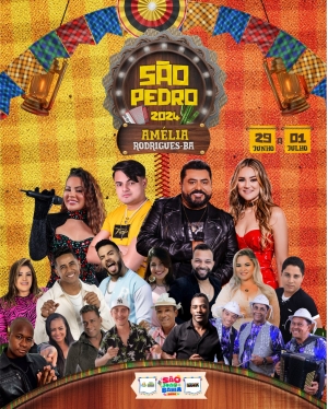 Prefeitura de Amélia Rodrigues anuncia atrações para o São Pedro 2024 A Prefeitura de Amélia Rodrigues anunciou neste domingo (16), a programação completa do São Pedro 2024. O evento ocorrerá de 29 de junho a 1º de julho na Avenida Antônio Bacelar e