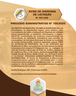 AVISO DE DISPENSA DE LICITAÇÃO Nº 007-2025