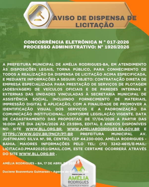 AVISO DE DISPENSA DE LICITAÇÃO Nº 017-2026
