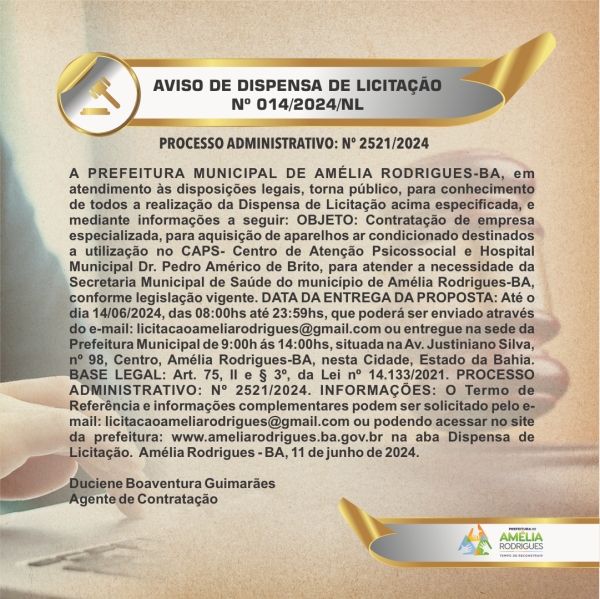 AVISO DE DISPENSA DE LICITAÇÃO Nº 014-2024-NL