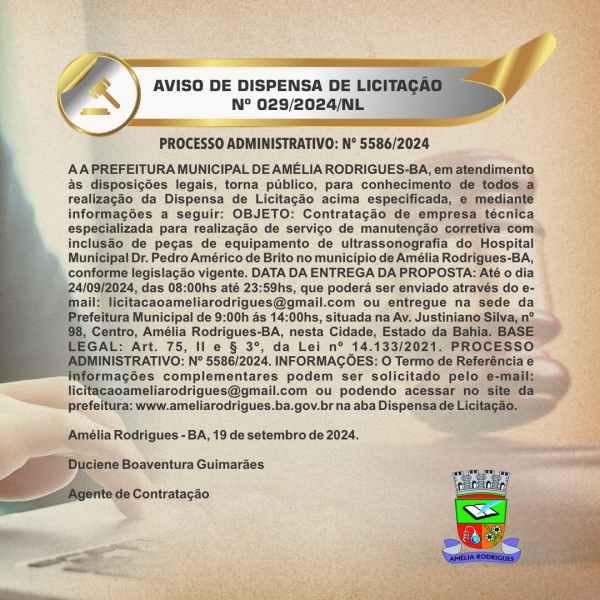 AVISO DE DISPENSA DE LICITAÇÃO N⁰ 029-2024-NL