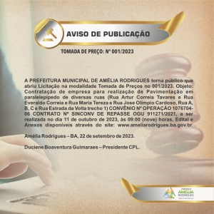 AVISO DE TOMADA DE PREÇOS Nº 001-2023