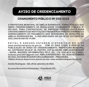 AVISO DE CHAMAMENTO PÚBLICO Nº 003-2022
