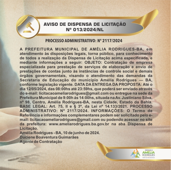 AVISO DE DISPENSA DE LICITAÇÃO Nº 013-2024-NL
