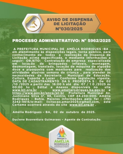 AVISO DE DISPENSA DE LICITAÇÃO Nº 030-2025