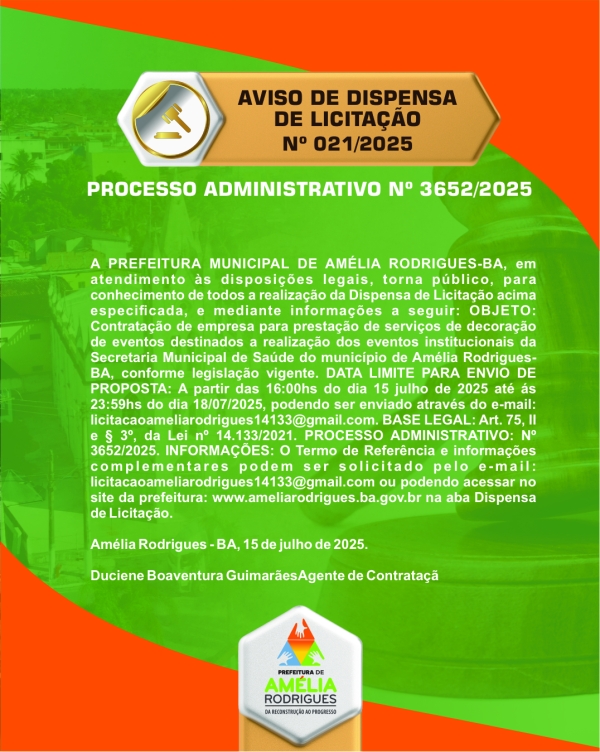 AVISO DE DISPENSA DE LICITAÇÃO Nº 021-2025
