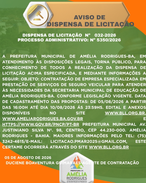 AVISO DE DISPENSA DE LICITAÇÃO Nº 032-2026