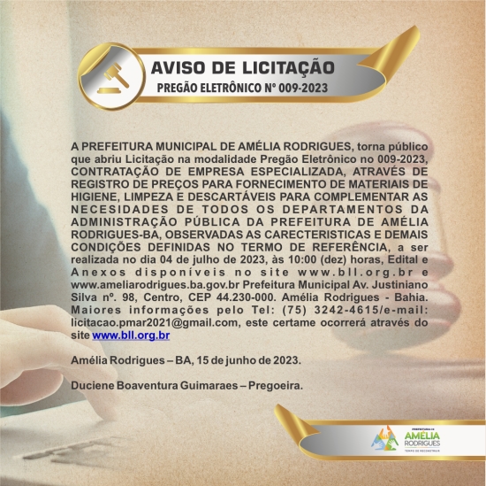 AVISO DE LICITAÇÃO PREGÃO ELETRÔNICO N º 009-2023