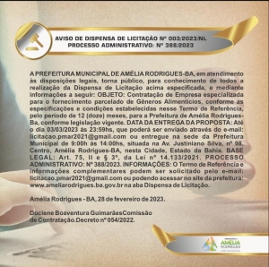 AVISO DE DISPENSA DE LICITAÇÃO Nº 003/2023/NL PROCESSO ADMINISTRATIVO: Nº 388/2023