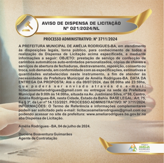 AVISO DE DISPENSA DE LICITAÇÃO Nº 021-2024-NL
