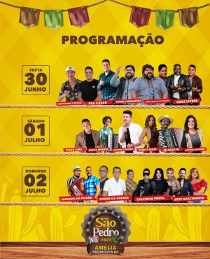 São Pedro de Amélia terá César Menoti e Fabiano, Vitor Fernandes, Nadson Ferinha e Calcinha Preta como atrações principais