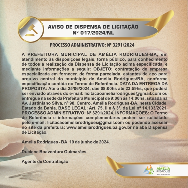 AVISO DE DISPENSA DE LICITAÇÃO Nº 017-2024-NL