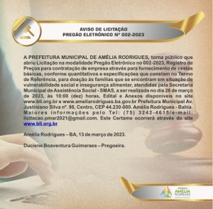 AVISO DE LICITAÇÃO PREGÃO ELETRÔNICO N º 002-2023