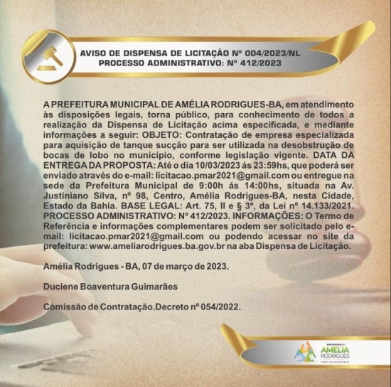 AVISO DE DISPENSA DE LICITAÇÃO Nº 004/2023/NL PROCESSO ADMINISTRATIVO: Nº 412/2023