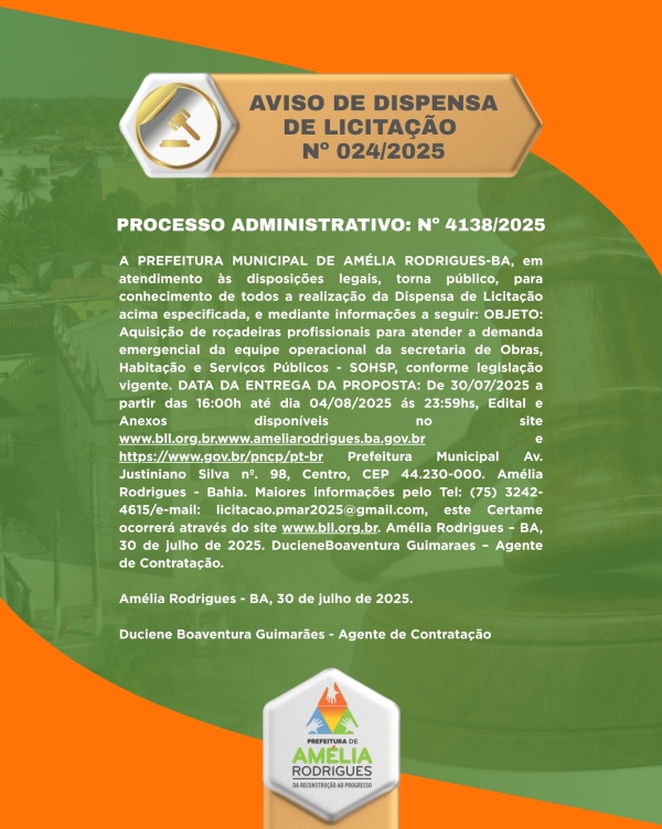 AVISO DE DISPENSA DE LICITAÇÃO Nº 024-2025