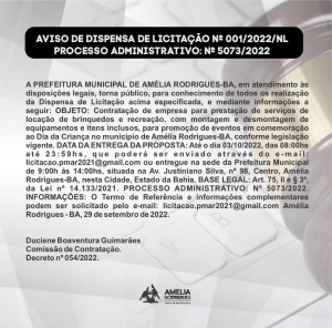Aviso de Dispensa de Licitação N° 001/2022 / NL