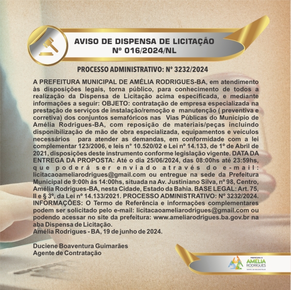 AVISO DE DISPENSA DE LICITAÇÃO Nº 016-2024