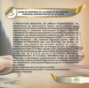 AVISO DE DISPENSA DE LICITAÇÃO Nº 001/2023/NL PROCESSO ADMINISTRATIVO: Nº 013/2023