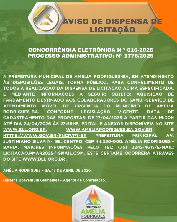 AVISO DE DISPENSA DE LICITAÇÃO Nº 016/2026